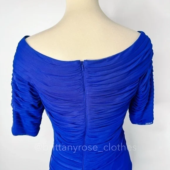 TADASHI SHOJI Asymmetrical Ruched Mesh Evening Formal Gown in Lake Blue - Picture 4 of 8